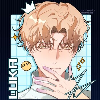 Rule 34 | 1boy, alien stage, artist name, blonde hair, character name, character signature, colored extremities, colored eyelashes, commentary, commission, crown, english commentary, hand on own face, luka (alien stage), male focus, mini crown, portrait, shirt, signature, solo, sparkle, white shirt, xnighten, yellow eyes