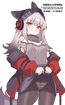 1girl :3 absurdres animal_ears arknights bare_shoulders behind-the-head_headphones black_hat black_skirt blush bright_pupils brown_pantyhose clothes_lift clothes_writing commentary_request cowboy_shot ears_through_headwear eggplant7217 frostleaf_(arknights) grey_hair grey_panties grey_shirt grey_tail hat headphones highres lifting_own_clothes long_hair long_sleeves looking_at_viewer material_growth oripathy_lesion_(arknights) panties pantyhose red_eyes shirt simple_background skirt skirt_lift smug solo standing striped_clothes striped_panties tail underwear watermark white_background white_pupils