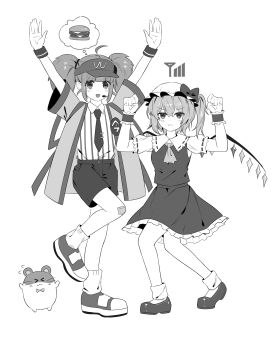2girls :3 :d absurdres ahoge arms_up bandaid bandaid_on_knee bandaid_on_leg blunt_bangs blush bobby_socks bow clenched_hands closed_mouth creature dancing fang fang_out flandre_scarlet frilled_skirt frills full_body greyscale hair_between_eyes hair_bow hat highres imadake_dabuchi_tabemi jacket leg_up looking_at_viewer loose_socks mcdonald's mob_cap monochrome multiple_girls necktie one_side_up open_clothes open_jacket open_mouth outstretched_arms pose_imitation puffy_short_sleeves puffy_sleeves ran_ran_ru ribbon-trimmed_sleeves ribbon_trim sflr shirt shirt_tucked_in shoes short_hair short_sleeves shorts signal_bar simple_background skirt smile socks speech_bubble standing standing_on_one_leg striped_clothes striped_shirt thought_bubble tie_clip touhou twintails vertical-striped_clothes vertical-striped_shirt vest visor_cap white_background wrist_cuffs