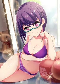 arm_under_breasts bikini blunt_ends blush breasts cleavage closed_mouth collarbone commentary_request crossed_legs dot_nose feet_out_of_frame full-length_mirror glasses green-framed_eyewear head_tilt indoors lens_flare looking_at_viewer medium_breasts mirror nanami_(project_tokyo_dolls) navel official_art project_tokyo_dolls purple_bikini purple_eyes purple_hair second-party_source semi-rimless_eyewear short_hair sitting smile sparkle stuffed_animal stuffed_toy swimsuit teddy_bear under-rim_eyewear