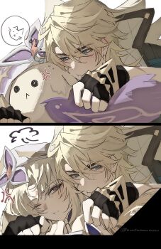 1boy 1girl absurdres anger_vein bare_shoulders beret blonde_hair blue_eyes blush closed_mouth commentary_request detached_sleeves dodoco_(genshin_impact) facial_mark forehead_mark genshin_impact gloves hair_between_eyes hat highres hug hug_from_behind long_hair nicole_reeyn nontamewmew pointy_ears scar scar_on_face short_hair symbol-shaped_pupils varka_(genshin_impact) white_hat