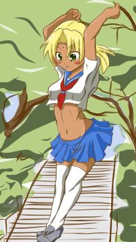 1girl arms_up bad_id bad_pixiv_id bad_proportions bindi blonde_hair blush_stickers dark-skinned_female dark_skin female_focus kaolla_su long_hair love_hina midriff navel ponytail school_uniform serafuku solo tanuki_ss thighhighs white_thighhighs zettai_ryouiki