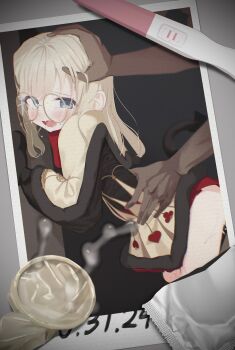 1girl absurdres against_wall animal_hands artist_request black_dress black_tail blonde_hair blue_eyes blush bow bowtie capelet cat_tail club_(shape) commentary_request commission condom condom_wrapper copyright_request cum dark-skinned_male dark_skin dated dress eyewear_strap from_behind fur-trimmed_capelet fur-trimmed_dress fur_trim furrowed_brow glasses gloves hair_ornament hand_on_another's_head heart highres korean_commentary long_hair long_sleeves open_mouth paw_gloves playing_card_print playing_card_theme polaroid_photo pregnancy_test red_bow red_bowtie red_skirt round_eyewear saliva second-party_source sex shai_(black_desert) skirt spade_(shape) sweat tail tail_bow tail_ornament used_condom white_capelet x_hair_ornament yellow-framed_eyewear