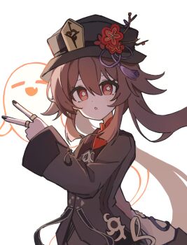 1girl black_nails boo_tao_(genshin_impact) brown_coat brown_hair brown_hat coat commentary_request flower flower-shaped_pupils genshin_impact ghost hat hat_flower hat_tassel hu_tao_(genshin_impact) jewelry long_hair long_sleeves looking_at_viewer multiple_rings plum_blossoms porkpie_hat red_eyes ring simple_background suiminsemi31 symbol-shaped_pupils twintails v white_background