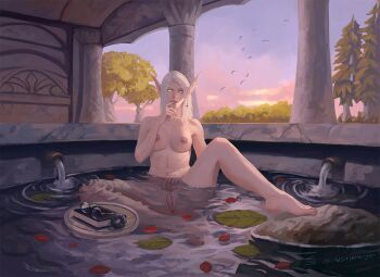 1girl bath bathhouse bird breasts clitoris_piercing column commission completely_nude ear_piercing earrings elbnzhada elf floating floating_object floating_tray glasses glowing glowing_eyes green_eyes hair_ornament hair_scrunchie hand_to_own_mouth imminent_masturbation jewelry long_eyebrows looking_at_viewer medium_breasts navel_piercing nipple_piercing nude one-eyed outdoors parted_lips piercing pillar pointy_ears pussy pussy_piercing scar scrunchie signature spread_legs sunset tree warcraft white_hair world_of_warcraft