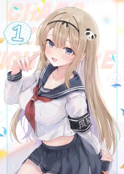 1girl armband black_sailor_collar black_skirt blonde_hair blue_eyes breast_pocket breasts chaos_zero_nightmare commentary_request crop_top crop_top_overhang guest_art hair_ornament hairband hand_up haru_(chaos_zero_nightmare) highres index_finger_raised long_hair long_sleeves looking_at_viewer maruro medium_breasts midriff miniskirt navel neckerchief official_art open_mouth panda_hair_ornament pleated_skirt pocket red_neckerchief sailor_collar school_uniform serafuku shirt sidelocks skirt smile solo white_shirt