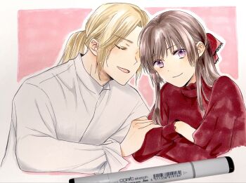 1boy 1girl blonde_hair border brown_hair character_request closed_eyes closed_mouth commentary_request copyright_request dot_nose hair_ribbon hand_on_another&#039;s_arm hetero highres hino72umi long_hair long_sleeves marker_(medium) open_mouth outside_border photo_(medium) pink_background ponytail purple_eyes red_ribbon red_sweater ribbon shirt sidelocks smile sweater traditional_media white_border white_shirt