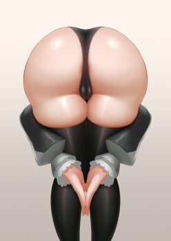 1girl amen_pose_(meme) ass ass_focus bent_over cipher4109 commentary covered_pussy detached_sleeves from_behind frontbend gloves highres hololive hololive_english huge_ass meme ouro_kronii ouro_kronii_(1st_costume) own_hands_together palms_together presenting_own_ass presenting_own_body shirt simple_background skirt solo standing thick_thighs thighhighs thighs untranslatable_commentary virtual_youtuber white_background