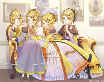 4girls :/ aryuma772 bare_shoulders black_bow black_footwear black_ribbon blonde_hair blue_eyes blush book bow brooch cheek_rest choker closed_eyes colored_eyelashes commentary detached_collar dress dress_bow dress_flower earrings evillious_nendaiki flower frilled_dress frilled_sleeves frills gem grey_dress hair_ornament hairclip happy high_heels high_ponytail highres hug hug_from_behind instrument jewelry kagamine_rin long_sleeves miku_symphony_(vocaloid) multiple_girls multiple_persona off-shoulder_dress off_shoulder official_alternate_costume orange_bow orange_ribbon phonograph picture_frame ponytail project_mirai queue red_gemstone ribbon riliane_lucifen_d'autriche rose sitting_sideways smile surprised swept_bangs updo violin vocaloid wide_sleeves yellow_bow yellow_choker yellow_eyes yellow_flower yellow_nails yellow_rose