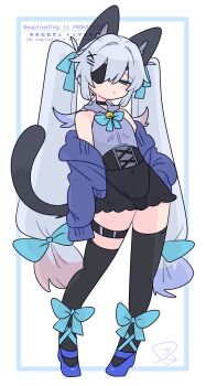 1boy animal_ear_fluff animal_ears asymmetrical_legwear bare_shoulders bell black_choker black_corset black_thighhighs blue_bow blue_bowtie blue_cardigan blue_eyes blue_hair blue_shoes bow bowtie bulge cardigan cat_boy cat_ears cat_tail choker colored_tips commentary corset covered_navel crossdressing crossdressing_(mtf) expressionless eyepatch flipped_hair full_body grey_tail hair_between_eyes hair_bow hair_intakes hair_ornament hand_on_own_hip high_heels highleg highleg_panties highres light_blush long_hair looking_at_viewer male_focus miniskirt multicolored_hair narrowed_eyes neck_bell no_nose one_eye_covered op_na_yarou open_cardigan open_clothes original panties purple_shirt quad_tails red_hair rigel_(op_na_yarou) see-through_clothes see-through_skirt shirt shoes sidelocks simple_background skirt sleeveless sleeveless_shirt sleeves_past_fingers sleeves_past_wrists solo standing straight_hair tail thigh_strap thighhighs thighs trap underwear uneven_legwear very_long_hair watermark white_background white_hair x_hair_ornament