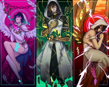 1girl 2boys alternate_color alternate_costume alternate_universe angel_wings angry artist_name bare_shoulders barefoot blood blood_on_clothes bloody_clothes bloody_dress bloody_weapon blunt_bangs body_markings broken brown_hair chain closed_mouth colored_skin commentary cosplay cracked_skin crop_top dress electricity electro_symbol_(genshin_impact) english_commentary extra_eyes feathered_wings feet floating from_side genshin_impact glowing glowing_eyes glowing_hair glowing_markings glowing_tattoo glowing_wings gradient_hair gradient_skin green_hair hair_between_eyes hand_on_own_chest head_tilt highres holding holding_sword holding_weapon hole_in_stomach hood hood_up implied_suicide leg_markings leg_tattoo long_hair looking_at_viewer looking_to_the_side multicolored_eyes multicolored_hair multicolored_skin multiple_boys navel norppalia off_shoulder open_mouth orange_eyes orange_sky outdoors own_hands_clasped own_hands_together pink_blood powering_up praying purple_background purple_eyes purple_hair raiden_shogun shade shaded_face shadow short_hair short_shorts short_sleeves shorts sky spoilers stab statue_of_the_seven statue_of_the_seven_(cosplay) stomach stomach_tattoo streaked_hair sunset sword tattoo toes tomoe_(symbol) two-tone_skin venti_(archon)_(genshin_impact) venti_(genshin_impact) weapon white_dress white_shorts white_wings wings yellow_blood yellow_eyes zhongli_(archon)_(genshin_impact) zhongli_(genshin_impact)