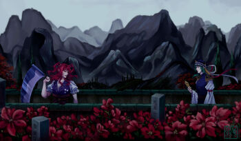 Rule 34 | 2girls, breasts, cleavage, flower, green eyes, green hair, hair bobbles, hair ornament, hat, highres, holding, holding scythe, large breasts, light frown, long sleeves, looking at another, mountain, multiple girls, nerumajima, onozuka komachi, red flower, red hair, ribbon, rod of remorse, sash, scythe, shiki eiki, short hair, skirt, smile, touhou, two side up, vest