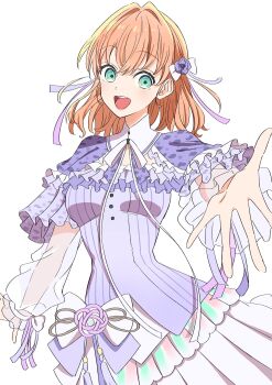 1girl aqua_eyes bien_(djpwjd1) breasts capelet costume_request detached_collar flower hair_flower hair_ornament hair_ribbon highres hinoshita_kaho link!_like!_love_live! long_sleeves looking_at_viewer love_live! medium_breasts medium_hair neck_ribbon offering_hand orange_hair pleated_skirt purple_capelet purple_flower purple_ribbon purple_rose purple_shirt ribbon rose see-through_clothes see-through_sleeves shirt simple_background skirt solo two_side_up virtual_youtuber white_background white_skirt