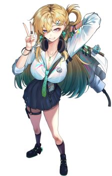 1girl aqua_necktie black_nails black_skirt black_socks blonde_hair blue_eyes breasts clang_bang_(wuthering_waves) cleavage earrings full_body hair_ornament headphones headphones_around_neck holding holding_jacket holding_unworn_clothes id_card jacket jewelry kaiji14 large_breasts long_hair lynae_(wuthering_waves) mole mole_on_breast nail_polish necktie shirt shirt_tucked_in skirt skull_hair_ornament socks solo star_(symbol) star_earrings unworn_jacket white_shirt wuthering_waves