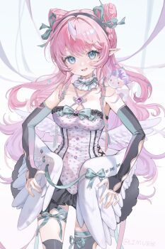 Rule 34 | 1girl, :d, bare shoulders, black skirt, black sleeves, black thighhighs, blue eyes, blush, breasts, choker, commentary request, cowboy shot, detached sleeves, double bun, feathered wings, frilled choker, frills, green ribbon, hair bun, hair intakes, hair ribbon, heart, heart print, highres, horns, korean commentary, large breasts, limu838, long hair, long sleeves, looking at viewer, miniskirt, open mouth, original, pink hair, pleated skirt, pointy ears, print shirt, ribbon, shirt, single horn, skirt, smile, solo, strapless, strapless shirt, thighhighs, twitter username, white shirt, white wings, wings