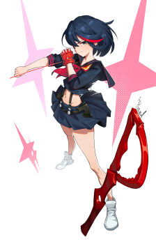 1girl absurdres artist_name ben-day_dots black_hair black_skirt commentary fingerless_gloves four-pointed_star gloves highres kill_la_kill matoi_ryuuko midriff navel neckerchief pleated_skirt pu_seul red_gloves red_neckerchief red_streaks school_uniform scissor_blade_(kill_la_kill) screentones senketsu serafuku shoes short_hair single_glove skirt white_background white_shoes