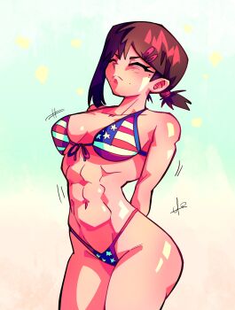 >:( 1girl abs alpharecdyt american_flag american_flag_bikini american_flag_print arched_back arms_behind_back bare_arms bare_shoulders bikini breasts brown_hair chainsaw_man closed_eyes closed_mouth collarbone commentary commission cowboy_shot english_commentary flag_print flag_print_bikini front-tie_bikini_top front-tie_top frown gradient_background groin hair_ornament hairclip higashiyama_kobeni highleg highleg_bikini highres legs_together light_blush lone_nape_hair medium_breasts mole mole_under_eye mole_under_mouth motion_lines muscular muscular_female navel ponytail print_bikini shiny_skin short_hair short_ponytail signature simple_background single_sidelock solo standing stomach swimsuit v-shaped_eyebrows