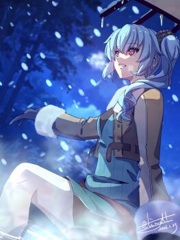 Rule 34 | 1girl, artist name, black scrunchie, blue hair, blue sky, brown coat, claire rieveldt, coat, commentary request, eiyuu densetsu, happy, highres, legs, outstretched hand, red eyes, scrunchie, sen no kiseki (series), sen no kiseki i, side ponytail, sky, smile, snow, snowing, tinybiard, winter