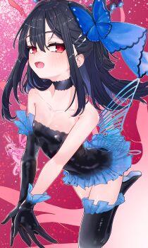1girl absurdres asymmetrical_gloves bare_shoulders black_gloves black_hair black_leotard blush breasts butterfly_hair_ornament choker commentary_request dress_swimsuit elbows_on_thighs fairy fate/grand_order fate_(series) flower_halo gloves hair_ornament hairclip highres layered_gloves leotard long_hair looking_at_viewer miyu_edelfelt miyu_edelfelt_(swimsuit_lancer)_(third_ascension) niwaikanai open_mouth red_eyes single_thighhigh small_breasts smile solo thighhighs
