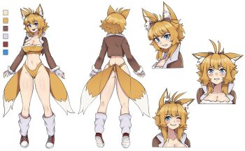 1girl animal_ear_fluff animal_ears antenna_hair ass blonde_hair blue_eyes blush_stickers breasts brown_jacket cleavage collarbone color_guide commentary commission cropped_jacket english_commentary fox_ears fox_girl fox_tail fur-trimmed_tube_top fur_trim genderswap genderswap_(mtf) groin highleg highleg_panties highres humanization jacket large_breasts long_sleeves looking_at_viewer loose_socks midriff multiple_expressions multiple_tails multiple_views navel oninuer open_clothes open_jacket open_mouth panties red_shoes reference_sheet shoes short_hair simple_background smile socks sonic_(series) strapless swept_bangs tail tails_(sonic) tearing_up tube_top two_tails underwear white_background white_socks yellow_panties yellow_tube_top