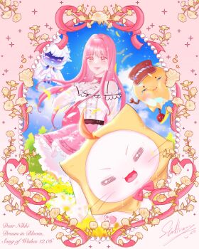 Rule 34 | 1boy, 1girl, = =, ^ ^, ahoge, animal, bare shoulders, barefoot, belt, black belt, blue skin, blue sky, border, bow, bow choker, bowtie, bra strap, breasts, brown eyes, brown hat, bud, buttons, cat, choker, cloak, closed eyes, closed mouth, clothed animal, cloud, collarbone, colored eyelashes, colored skin, commentary, daisy (flower), dated, dot nose, ear covers, english commentary, english text, eyelashes, faewish sprite, feet out of frame, field, floating clothes, floating hair, flower, flower field, frilled shirt, frilled skirt, frilled sleeves, frills, giroda (infinity nikki), hand on own chest, happy, happy birthday, hat, highres, hood, hood up, hooded cloak, infinity nikki, light blush, lipstick, long hair, long sidelocks, long sleeves, makeup, medium breasts, miniskirt, momo (nikki), nikki (nikki), nikki (series), off-shoulder shirt, off shoulder, patch, peaked cap, perfect start (infinity nikki), petals, picture frame, piecey, pink border, pink bow, pink bowtie, pink choker, pink hair, pink lips, pink skirt, pleated skirt, print skirt, puffy long sleeves, puffy sleeves, raggy (infinity nikki), red bow, red bowtie, rose, see-through clothes, see-through sleeves, shirt, sidelocks, signature, single stripe, skirt, sky, smile, snowflake print, snowflakes, sparkle, striped bow, striped bowtie, striped choker, striped clothes, susiepara, traditional bowtie, tree, v-shaped eyebrows, very long hair, waving, whiskers, white cat, white cloak, white flower, white rose, white shirt, white skirt, wind, yellow cloak, yellow flower