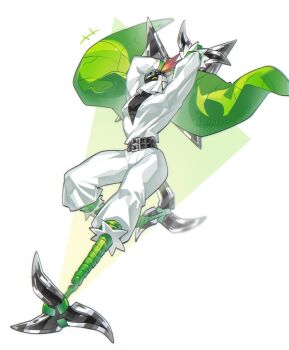 Rule 34 | cape, closed eyes, confeito000 333, digimon, digimon (creature), forehead protector, full body, green cape, pants, shirt, shuriken, shurimon, solo, weapon, white pants, white shirt