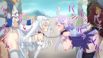 2boys 2girls bare_shoulders black_thighhighs bridal_veil bride celia_claire chain chain_leash charles_arbor christina_beltrum closed_eyes commentary_request detached_sleeves dress flower gopogopo hair_flower hair_ornament leash long_hair multiple_boys multiple_girls netorare off-shoulder_dress off_shoulder purple_hair rape reiss_(seirei_gensouki) restrained seirei_gensouki sex sex_from_behind thighhighs torn_clothes torn_dress veil very_long_hair wedding_dress white_hair white_thighhighs