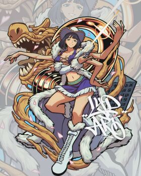 1girl blunt_bangs boots breasts cleavage cowboy_hat crocodile crocodilian crop_top cross-laced_clothes extra_arms full_body fur-trimmed_boots fur_trim hana_hana_no_mi hat highres hook_hand large_breasts looking_at_viewer lydart_mclo midriff multiple_hands navel nico_robin nico_robin_(alabasta) one_piece purple_shirt purple_skirt shirt short_hair signature skirt smile solo white_boots