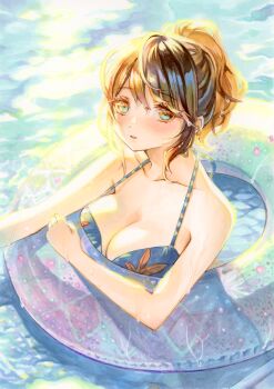1girl absurdres aqua_eyes bikini blue_bikini blush breasts brown_hair cleavage collarbone commentary dai_dai_da english_commentary from_above highres innertube large_breasts looking_at_viewer looking_up marker_(medium) medium_hair original parted_bangs parted_lips partially_submerged ponytail print_bikini solo swim_ring swimsuit traditional_media water water_drop wet