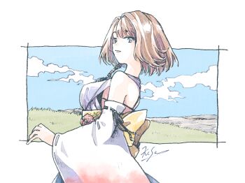 Rule 34 | 1girl, artist name, back bow, bare shoulders, beads, black bra, blue eyes, blue sky, border, bow, bra, brown hair, detached sleeves, final fantasy, final fantasy x, gradient sleeves, grass, green eyes, hair beads, hair ornament, japanese clothes, light smile, michibata 65, nontraditional miko, obi, outdoors, parted lips, sash, shirt, short hair, sky, solo, underwear, upper body, white border, white shirt, wide sleeves, yuna (ff10)