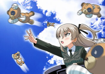 1girl arm_up bit_(gundam) black_jacket black_necktie black_ribbon blue_sky boko_(girls_und_panzer) brown_eyes brown_hair cloud cloudy_sky day dress_shirt flying girls_und_panzer gundam hair_ribbon jacket long_hair long_sleeves looking_to_the_side military_uniform motion_blur muichimon necktie one_side_up open_mouth outdoors ribbon selection_university_military_uniform shimada_arisu shirt sky solo stuffed_animal stuffed_toy tank_cupola teddy_bear white_shirt