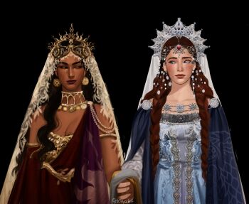 a_song_of_ice_and_fire absurdres blue_cloak blue_dress blue_eyes blush braid breasts brown_eyes brown_hair cape character_request cj_khalifp cloak dark-skinned_female dark_skin dress game_of_thrones highres holding_hands jewelry long_dress looking_at_another makeup pink_lips purple_lips sansa_stark sideways_glance small_breasts