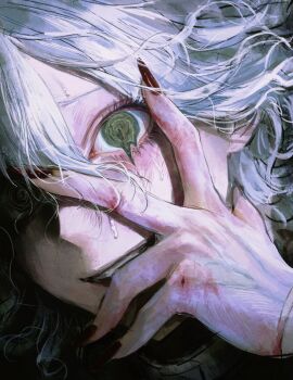 Rule 34 | 1boy, blood, blood on hands, blush, close-up, crazy eyes, crazy smile, danganronpa (series), danganronpa 2: goodbye despair, green eyes, hair between eyes, hand on own face, highres, komaeda nagito, looking at viewer, male focus, messy hair, open mouth, red nails, seapall, short hair, smile, solo, sweat, white hair