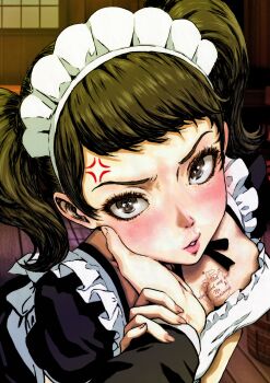1girl absurdres anger_vein blush breasts brown_eyes brown_hair commentary_request hand_on_another's_cheek hand_on_another's_face highres kawakami_sadayo lips looking_at_viewer maid maid_headdress oeilvert_fft persona persona_5 twintails