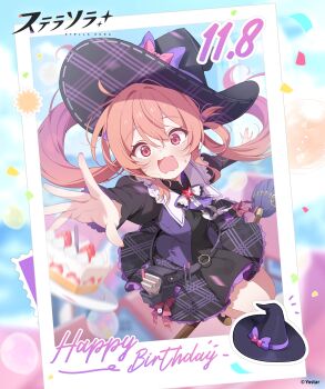 1girl absurdres black_dress black_hat black_skirt blush bow broom broom_riding commentary_request dated dessert dress embarrassed food happy_birthday hat hat_bow highres long_hair long_sleeves mistique_(stella_sora) official_art open_mouth orange_hair purple_bow purple_dress purple_hair purple_hat purple_ribbon reaching red_bow red_eyes ribbon skirt solo stella_sora striped_clothes striped_skirt twintails witch_hat