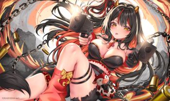 Rule 34 | 1girl, artist name, barcode, belt, black hair, blush, bow, breasts, broken horn, bullet, chain, cleavage, commission, cross, dual wielding, highres, holding, horns, hyvred (vtuber), indie virtual youtuber, krashena, long hair, loose socks, multicolored hair, red belt, red hair, red socks, socks, solo, streaked hair, thigh belt, thigh strap, tongue, virtual youtuber, yellow bow, yellow eyes