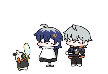 Rule 34 | 1boy, 1girl, animal ears, bandana, bangboo (zenless zone zero), belle (zenless zone zero), black pants, black shirt, blue hair, blue jacket, blush stickers, brother and sister, chair, chibi, closed mouth, eous (zenless zone zero), full body, grey hair, hair between eyes, hair ornament, happybemmy, hashtag-only commentary, holding, holding brush, holding mirror, jacket, letter hair ornament, mirror, on chair, orange bandana, orange scarf, pants, scarf, shirt, short hair, siblings, simple background, sitting, smile, standing, white background, wise (zenless zone zero), zenless zone zero