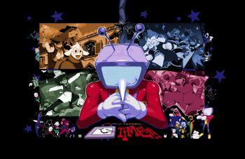 4girls 6+boys 6+others animal_ears ant_tenna apron armlet armor armored_boots belt bendedede black_background black_belt black_boots black_eyes black_jacket black_pants blue_dress blue_hair blue_jacket blue_pants blue_skin boots bracelet breastplate cake cake_slice cape chief_undyne cloak closed_eyes closed_mouth colored_skin cowboy_hat crt deltarune dinosaur_costume dress drink drum drum_set drumsticks electric_guitar elnina_(deltarune) food furry furry_female furry_male gauntlets glasses gloves goat_boy goat_ears goat_horns green-framed_eyewear green_cloak grey_hair guitar hand_on_headwear hat heart highres holding holding_drumsticks holding_guitar holding_instrument holding_microphone holding_plate horns horse horseback_riding instrument jacket jewelry kris_(cooking_show)_(deltarune) kris_(dark_world)_(deltarune) kris_(deltarune) kris_(lightners_live)_(deltarune) kris_(shootout)_(deltarune) lancer_(deltarune) lanino_(deltarune) long_hair long_sleeves microphone milk mohawk multiple_boys multiple_girls multiple_others music neck_ribbon necktie object_head official_alternate_costume open_mouth pants pink_cape pink_horns pink_scarf pippins_(deltarune) plate playing_instrument pointy_nose purple_hair purple_pants purple_shirt rabbick_(deltarune) ralsei ralsei_(cooking_show) ralsei_(lightners_live) ralsei_rancher ramb_(deltarune) red_necktie ribbick_(deltarune) ribbon riding roaring_knight rouxls_kaard sandwich scarf serious_trashy shaded_face shadowguy_(deltarune) sharp_teeth shirt shoes short_hair shuttah_(deltarune) singing spamton_g._spamton spiked_armlet spiked_bracelet spikes star_(symbol) susie_(cooking_show)_(deltarune) susie_(dark_world)_(deltarune) susie_(deltarune) susie_(lightners_live)_(deltarune) susie_(shootout)_(deltarune) susiezilla tailcoat teeth the_original_starwalker toriel toriel_(dark_world) twintails undyne undyne_(dark_world) utdr_(toby_fox) vest waist_apron white_gloves yellow_boots yellow_necktie yellow_shoes zapper_(deltarune)