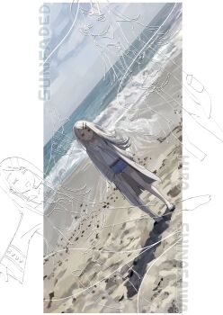 1girl :d absurdres aoihara arms_behind_back bare_legs barefoot beach belt blonde_hair border breasts brown_belt camisole character_name closed_eyes closed_mouth collarbone colored_eyelashes commentary_request denim denim_shorts dutch_angle full_body gakuen_idolmaster gradient_hair grey_hair grey_sky hair_ornament hairclip highres idolmaster long_hair long_sleeves looking_at_viewer midriff_peek multicolored_hair multiple_views ocean one_eye_closed open_clothes open_mouth open_robe orange_eyes orange_ribbon outside_border outstretched_arms parallel_hairclips ribbon robe sand shadow shinosawa_hiro short_shorts shorts sky sleeves_past_wrists small_breasts smile song_name spread_arms sunfaded_(idolmaster) waves white_border white_camisole white_robe