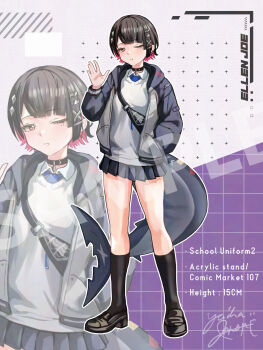1girl alternate_costume bag black_choker black_hair black_shoes black_socks blue_jacket blue_skirt character_name choker closed_mouth colored_inner_hair ellen_joe english_text fins fish_tail grey_background hand_in_pocket hand_up highres jacket janome_yuiwa looking_at_viewer mole mole_under_eye multicolored_hair one_eye_closed open_clothes purple_background razor_blade_hair_ornament red_eyes sample_watermark scar scar_on_tail school_uniform shark_girl shark_tail shoes short_hair signature skirt socks sweater tail two-tone_background watermark waving white_sweater zenless_zone_zero zoom_layer