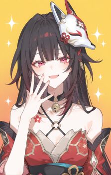 1girl :d absurdres bell black_hair breasts butterfly-shaped_pupils cleavage commentary detached_sleeves eyeliner facial_mark floral_print flower_tattoo fox_mask hair_down hair_ornament hand_up highres honkai:_star_rail honkai_(series) japanese_clothes light_blush long_hair looking_at_viewer makeup mask neck_bell open_mouth pink_eyes red_eyeliner sidelocks smile sparkle sparkle_(honkai:_star_rail) strap symbol-shaped_pupils taneseed_fun tattoo upper_body very_long_hair x_hair_ornament yellow_background