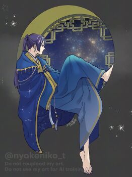 1boy architecture barefoot blue_hair blue_robe chinese_clothes crossed_arms earrings east_asian_architecture full_body highres jewelry jinshi_(kusuriya_no_hitorigoto) kusuriya_no_hitorigoto long_hair male_focus parted_bangs ponytail robe sitting solo star_(symbol) star_earrings takehide twitter_username