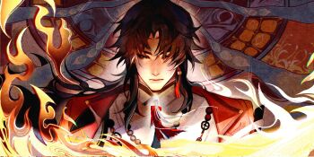 Rule 34 | 1boy, 9ylogf8k2347904, beads, black hair, blade (honkai: star rail), coattails, collar, commentary, double-parted bangs, expressionless, fire, gradient hair, hair over one eye, highres, honkai: star rail, honkai (series), jacket, jewelry, long hair, looking down, male focus, mortenax blade (honkai: star rail), multicolored hair, necklace, open clothes, open jacket, red eyes, red jacket, tailcoat, tassel, untranslatable commentary, very long hair, white hair