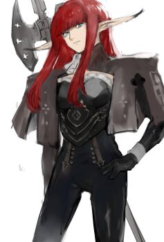 Rule 34 | 1girl, armor, ascot, black armor, black gloves, black pants, blue eyes, blunt bangs, breastplate, closed mouth, gloves, hand on own hip, highres, hime cut, hulkenberg (metaphor: refantazio), long hair, long sleeves, looking at viewer, metaphor: refantazio, pants, pointy ears, red hair, samerkgk, simple background, solo, weapon, white ascot, white background