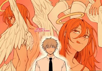2boys angel_devil_(chainsaw_man) back black_necktie blonde_hair chainsaw_man closed_mouth denji_(chainsaw_man) feathers formal_clothes from_behind from_below green_eyes hair_between_eyes halo highres long_hair looking_back looking_to_the_side looking_up multiple_boys multiple_views necktie orange_eyes orange_hair portrait red_background red_ground shirt short_hair smirk thighhighs tongue tongue_out trap upper_body white_feathers white_shirt white_thigh white_thighhighs