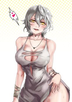 1girl bandaged_arm bandages bracelet breasts burn_scar choker cleavage clothes_lift code_vein collarbone contrapposto deep_skin dress dress_lift fangs female_focus hair_between_eyes head_tilt heart highres io_(code_vein) jewelry large_breasts looking_at_viewer medium_hair necklace no_bra pendant scar scar_on_leg silver_hair solo spaghetti_strap spoken_heart torn_clothes torn_dress vampire velminth wide_hips yellow_eyes