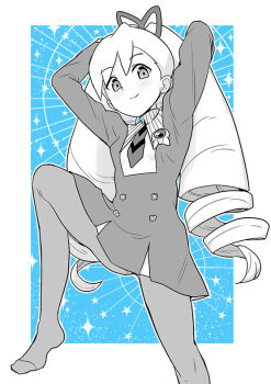 1girl arms_behind_head blue_background bow dress drill_hair hair_bow heriyama long_hair looking_at_viewer luna_platz_(mega_man) mega_man_(series) mega_man_star_force_(series) pantyhose smile sparkle twin_drills very_long_hair