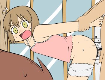 1boy 2girls absurdres ass niikura_(city) bar_censor blonde_hair blush brown_hair camisole caught censored city_(arawi_keiichi) echi_no_tami highres looking_at_another multiple_girls nagumo_midori open_mouth penis pink_shirt scene_reference sex shirt short_hair shorts shorts_down surprised sweat testicles white_shorts wide-eyed yellow_eyes