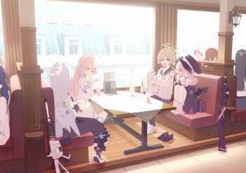 6+girls artist_request azusa_(blue_archive) black_bag black_hat black_sailor_collar black_shirt black_skirt black_wings blonde_hair blue_archive blue_sailor_collar blush bow cafe closed_eyes closed_mouth feathered_wings game_cg grey_hair hair_between_eyes halo hat head_wings hifumi_(blue_archive) highres indoors koharu_(blue_archive) long_hair low_wings make-up_work_club_(blue_archive) multiple_girls non-web_source official_art open_mouth pink_hair pink_halo pink_skirt pleated_skirt sailor_collar shirt shoes single_bare_shoulder sitting skirt smile socks twintails unworn_shoes white_shirt white_shoes white_skirt white_socks white_wings wings yellow_bow yellow_eyes yellow_halo