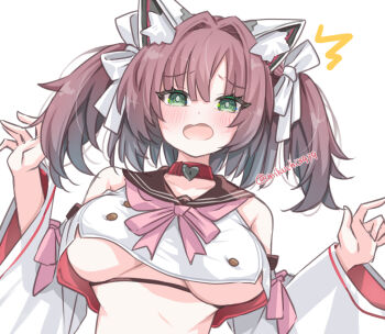1girl ^^^ animal_collar animal_ear_fluff animal_ears artist_name azur_lane blush breasts brown_hair brown_sailor_collar collar detached_sleeves dog_ears dog_girl green_eyes hair_ribbon hands_up large_breasts mikuchi3939 neckerchief open_mouth pink_neckerchief ribbon sailor_collar shiratsuyu_(azur_lane) shiratsuyu_(retrofit)_(azur_lane) signature simple_background solo two_side_up underboob upper_body white_background white_ribbon wide_sleeves